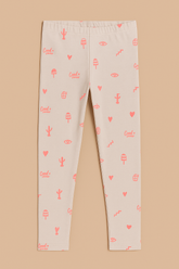 (Ages 7-9)Girl Beige Cotton Jersey Tights – Fun Pink “Cool Times” Print